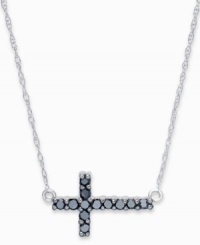 Symbolic style with a twist of modernity. This chic, sideways cross pendant features sparkling round-cut black diamonds (1/8 ct. t.w.) set in 14k white gold. Approximate length: 17 inches. Approximate drop: 1/2 inch. Symbolic style with a twist of modernity. This chic, sideways cross pendant features sparkling round-cut black diamonds (1/8 ct. t.w.) set in 14k white gold. Approximate length: 17 inches. Approximate drop: 1/2 inch.