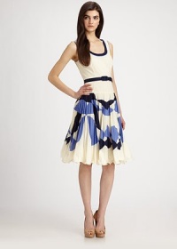 Crisp cotton pairs a solid bodice with a full, knife-pleated skirt in a colorful abstract print.Contrast scoop necklineSleevelessContrast belt at natural waistDropped waistRolled hemHidden back zipperAbout 25 from natural waistCottonDry cleanMade in USAModel shown is 5'9½ (176cm) wearing US size 4. Crisp cotton pairs a solid bodice with a full, knife-pleated skirt in a colorful abstract print.Contrast scoop necklineSleevelessContrast belt at natural waistDropped waistRolled hemHidden back zipperAbout 25 from natural waistCottonDry cleanMade in USAModel shown is 5'9½ (176cm) wearing US size 4.