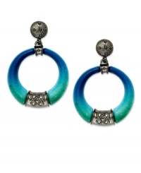 Blending materials works wonders for Style&co. These hoop earrings come in teal hues, crafted from hematite tone mixed metal. Finished with stylish accents at the center. Approximate drop: 1-3/4 inches.