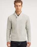 Single-button detail lends a signature finish to this pullover sweater, knitted in a luxurious, textured blend of wool and cashmere.Shawl collarSingle-button detailRibbed knit cuffs and hem90% wool/10% cashmereDry cleanMade in Italy