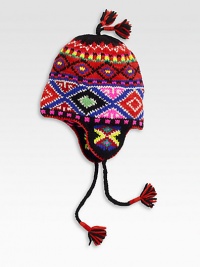 Warm and colorful wool hat covers the ears for maximum warmth.Tassel trim on top and tiesWoolDry cleanImported Warm and colorful wool hat covers the ears for maximum warmth.Tassel trim on top and tiesWoolDry cleanImported