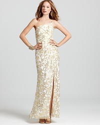 Sophisticated glamour begins with this Aqua one-shoulder gown, accented with shimmering metallic and finished with a gam-revealing slit at the skirt. Sophisticated glamour begins with this Aqua one-shoulder gown, accented with shimmering metallic and finished with a gam-revealing slit at the skirt.
