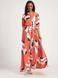 Vibrant florals on sandwashed silk crepe-de-chine in a floor-sweeping button-down shift.Point collarButton-down placketSelf-beltSide slit hemCenter back zipperAbout 45 from natural waistSilkDry cleanImportedModel shown is 5'10 (177cm) wearing US size 4.OUR FIT MODEL RECOMMENDS ordering true size. Vibrant florals on sandwashed silk crepe-de-chine in a floor-sweeping button-down shift.Point collarButton-down placketSelf-beltSide slit hemCenter back zipperAbout 45 from natural waistSilkDry cleanImportedModel shown is 5'10 (177cm) wearing US size 4.OUR FIT MODEL RECOMMENDS ordering true size.