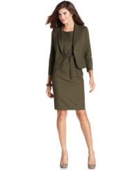 Kasper's jacket and sheath suit feature crisp tailoring that takes you from the boardroom to evening in style. A shawl collar and sash-tie belt at the waist give this ensemble feminine flair. Kasper's jacket and sheath suit feature crisp tailoring that takes you from the boardroom to evening in style. A shawl collar and sash-tie belt at the waist give this ensemble feminine flair.