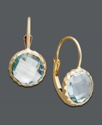 Elevate your style with an instant splash of color. Earrings feature bezel-set round-cut blue topaz (4-3/4 ct. t.w.) set in 14k gold. Approximate drop: 1/2 inch.