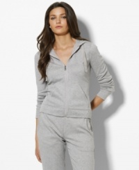 A classic hoodie is tailored from ultra-soft cotton for the ultimate in style and comfort. Full front zip extends into a hooded silhouette with a waffle interior and drawties at the throat. A classic hoodie is tailored from ultra-soft cotton for the ultimate in style and comfort. Full front zip extends into a hooded silhouette with a waffle interior and drawties at the throat.