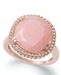 Blushworthy hues. This stunning statement ring features a round, faceted pink opal (4-3/4 ct. t.w.) that pops against a sparkling diamond frame (1/5 ct. t.w.). Set in 14k rose gold over sterling silver. Size 7. Blushworthy hues. This stunning statement ring features a round, faceted pink opal (4-3/4 ct. t.w.) that pops against a sparkling diamond frame (1/5 ct. t.w.). Set in 14k rose gold over sterling silver. Size 7.