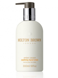 Wrap yourself in amber cocoon, the richly spiced soothing hand lotion from Molton Brown. Infused with amber essence and the warm aromas of Indian gaiac wood, vetiver and Siberian pine essential oils. This is the ultimate caring and hydrating hand lotion. 10 oz.Ingredients: Amber essence Indian gaiac wood Vetiver Siberian pine essential oils Wrap yourself in amber cocoon, the richly spiced soothing hand lotion from Molton Brown. Infused with amber essence and the warm aromas of Indian gaiac wood, vetiver and Siberian pine essential oils. This is the ultimate caring and hydrating hand lotion. 10 oz.Ingredients: Amber essence Indian gaiac wood Vetiver Siberian pine essential oils