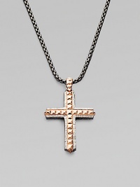 From the Alchemy in the UK Collection. A bold cross pendant of sterling silver, textured, studded and finished with rose goldplatng and black rhodium-plated accents, on a chunky chain of oxidized silver.Sterling silverRose goldplated and rhodium plated accentsChain length, about 24Pendant length, about 1½Lobster claspImported From the Alchemy in the UK Collection. A bold cross pendant of sterling silver, textured, studded and finished with rose goldplatng and black rhodium-plated accents, on a chunky chain of oxidized silver.Sterling silverRose goldplated and rhodium plated accentsChain length, about 24Pendant length, about 1½Lobster claspImported