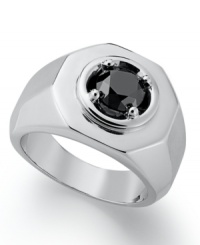 Sophistication and shine. This polished men's ring features a sleek sterling silver setting and a round-cut black diamond at center (2 ct. t.w.). Size 10-1/2. Sophistication and shine. This polished men's ring features a sleek sterling silver setting and a round-cut black diamond at center (2 ct. t.w.). Size 10-1/2.