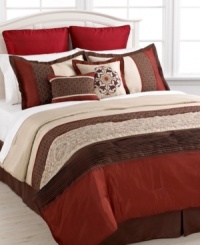 With a distinctly rustic feel, this Liana comforter set lends a rich color palette of red, brown and tan to your space. Luxe pleated and embroidered details add texture and intricacy to the set and finish off this charming look. With a distinctly rustic feel, this Liana comforter set lends a rich color palette of red, brown and tan to your space. Luxe pleated and embroidered details add texture and intricacy to the set and finish off this charming look.