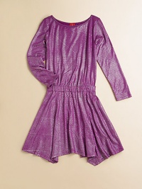 A twirl-ready frock is crafted in a standout, shimmering fabric with elastic waistband and asymmetrical hem.Round necklineLong sleevesPullover styleElastic waistbandAsymmetrical hemRayon spandex jerseyMachine washImported A twirl-ready frock is crafted in a standout, shimmering fabric with elastic waistband and asymmetrical hem.Round necklineLong sleevesPullover styleElastic waistbandAsymmetrical hemRayon spandex jerseyMachine washImported