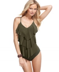 Tiered ruffles on this Magicsuit tankini adds on-trend feminine flair while being figure-flattering! Perfect for a beautiful beachside look! Tiered ruffles on this Magicsuit tankini adds on-trend feminine flair while being figure-flattering! Perfect for a beautiful beachside look!