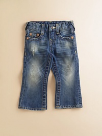 Darling denim for the little one, this distressed pair with a faded rinse is a fun take on the blues. Belt loops Front zipper with snap closure Five-pocket styling Back flap snap pockets Small Buddha pocket lining Cotton; machine wash Imported of American fabric Please note: distress pattern may vary Darling denim for the little one, this distressed pair with a faded rinse is a fun take on the blues. Belt loops Front zipper with snap closure Five-pocket styling Back flap snap pockets Small Buddha pocket lining Cotton; machine wash Imported of American fabric Please note: distress pattern may vary