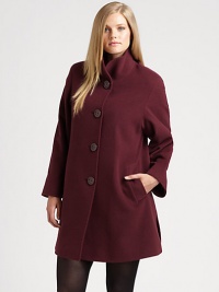 Made from fine Italian fabrication, an A-line jacket with convenient slash pockets. You'll adore pairing this style with a sleek skirt or skinny pants.Stand collarLong sleevesOversized buttonsSlash pocketsFully linedAbout 33 from shoulder to hem60% wool/20% angora/20% nylonDry cleanImported of Italian fabric Made from fine Italian fabrication, an A-line jacket with convenient slash pockets. You'll adore pairing this style with a sleek skirt or skinny pants.Stand collarLong sleevesOversized buttonsSlash pocketsFully linedAbout 33 from shoulder to hem60% wool/20% angora/20% nylonDry cleanImported of Italian fabric