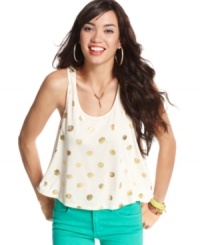 An explosion of metallic polkadots brings this swingy Material Girl tank to life! Rock the top with bright skinny jeans and accessories that make a fashion statement! An explosion of metallic polkadots brings this swingy Material Girl tank to life! Rock the top with bright skinny jeans and accessories that make a fashion statement!