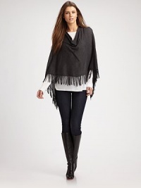 A semi-sheer style with a draped collar and a fringed hem. Draped necklineFringed hemCottonAbout 35 from shoulder to hemHand washImported A semi-sheer style with a draped collar and a fringed hem. Draped necklineFringed hemCottonAbout 35 from shoulder to hemHand washImported