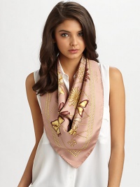 An engaging garden and butterfly print breathes life into this glamorous, hand-finished silk wrap.About 35 X 35Silk twillDry cleanMade in Italy An engaging garden and butterfly print breathes life into this glamorous, hand-finished silk wrap.About 35 X 35Silk twillDry cleanMade in Italy