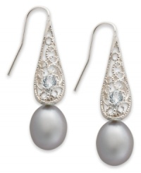 Gorgeous gray. Sterling-silver drop earrings exude style with gray cultured freshwater pearls (8-9 mm) and round-cut blue topaz stones (1/6 ct. t.w.). Approximate drop: 1-1/2 inches. Gorgeous gray. Sterling-silver drop earrings exude style with gray cultured freshwater pearls (8-9 mm) and round-cut blue topaz stones (1/6 ct. t.w.). Approximate drop: 1-1/2 inches.