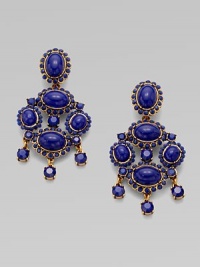An elegant style with hand-poured resin cabochons in a beautiful, 24k goldplated chandelier design. Resin stones24k gold plated brass and pewterLength, about 3Clip-on backMade in USA An elegant style with hand-poured resin cabochons in a beautiful, 24k goldplated chandelier design. Resin stones24k gold plated brass and pewterLength, about 3Clip-on backMade in USA