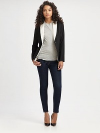 The classic single-breasted blazer, updated in a dynamic two-tone palette with sleek, feminine tailoring.Foldover lapelsDefined shouldersSingle-button closureFlap pockets at hipBack ventAbout 26 from shoulder to hem48% polyester/48% viscose/4% elastaneDry cleanImportedModel shown is 5'10 (177cm) wearing US size 4. The classic single-breasted blazer, updated in a dynamic two-tone palette with sleek, feminine tailoring.Foldover lapelsDefined shouldersSingle-button closureFlap pockets at hipBack ventAbout 26 from shoulder to hem48% polyester/48% viscose/4% elastaneDry cleanImportedModel shown is 5'10 (177cm) wearing US size 4.