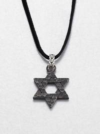 From the Palu Collection. The distinctive Paul hammered texture informs a stunning Star of David pendant crafted of blackened bronze, connected to its black cord by a carved sterling silver bale.Bronze and sterling silverBlack cordChain length, about 24Pendant diameter, about 1Lobster claspMade in Bali From the Palu Collection. The distinctive Paul hammered texture informs a stunning Star of David pendant crafted of blackened bronze, connected to its black cord by a carved sterling silver bale.Bronze and sterling silverBlack cordChain length, about 24Pendant diameter, about 1Lobster claspMade in Bali