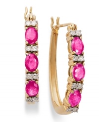 A color infusion. These 14k gold hoop earrings get a sparkling update with oval-cut rubies (1-1/5 ct. t.w.) and sparkling round-cut diamonds (1/8 ct. t.w.). Approximate diameter: 3/5 inch.