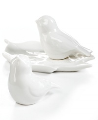 Sweet but sleek. Bird salt and pepper shakers are natural companions to the modern table setting, perched on a leaf-shaped tray in glazed white porcelain from Martha Stewart Collection. Sweet but sleek. Bird salt and pepper shakers are natural companions to the modern table setting, perched on a leaf-shaped tray in glazed white porcelain from Martha Stewart Collection.