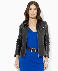 Lauren Ralph Lauren's iconic motorcycle-inspired jacket gets a luxurious update in supple leather with perforated details. Lauren Ralph Lauren's iconic motorcycle-inspired jacket gets a luxurious update in supple leather with perforated details.