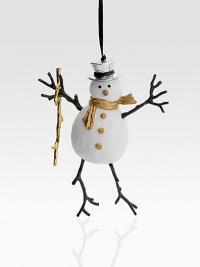 This playful, charming snowman is the perfect addition to the festive holiday tree.HandmadeGoldplate, oxidized bisque body5.75HImported This playful, charming snowman is the perfect addition to the festive holiday tree.HandmadeGoldplate, oxidized bisque body5.75HImported