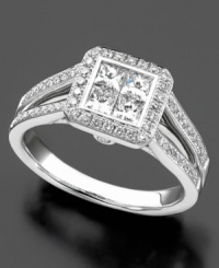 Excellence and charm shine bright on this gorgeous diamond ring featuring round-cut diamonds (7/8 ct. t.w.) set in 14k white gold. Excellence and charm shine bright on this gorgeous diamond ring featuring round-cut diamonds (7/8 ct. t.w.) set in 14k white gold.