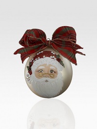 A sparkling keepsake with a lustrous metallic sheen, finished with a hand-painted embellished Santa and a charming tartan bow.Hand-painted glassBow detail4 diam.Imported A sparkling keepsake with a lustrous metallic sheen, finished with a hand-painted embellished Santa and a charming tartan bow.Hand-painted glassBow detail4 diam.Imported