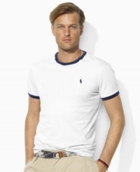 Slim stripes and a bold contrast collar lend handsome, casual style to a short-sleeved cotton jersey crewneck, finished with signature embroidery for an iconic look. Slim stripes and a bold contrast collar lend handsome, casual style to a short-sleeved cotton jersey crewneck, finished with signature embroidery for an iconic look.