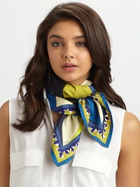 Weightless silk in a graphic print inspired by the brand's Mediterranean history. SilkAbout 36 X 36Dry cleanMade in Italy Weightless silk in a graphic print inspired by the brand's Mediterranean history. SilkAbout 36 X 36Dry cleanMade in Italy