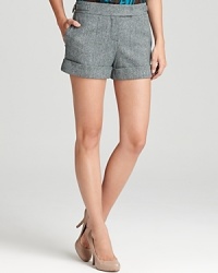 Slip brightly-colored tights or leggings beneath these leg-baring Trina Turk shorts for a fun fall look--classically cuffed, these stylish shorties cast a chic new look on a traditional tweed. Slip brightly-colored tights or leggings beneath these leg-baring Trina Turk shorts for a fun fall look--classically cuffed, these stylish shorties cast a chic new look on a traditional tweed.