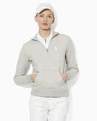 A half-zip fleece pullover is crafted with contrasting trim and and an ultra-soft brushed interior for both style and comfort. A half-zip fleece pullover is crafted with contrasting trim and and an ultra-soft brushed interior for both style and comfort.