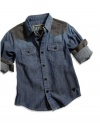 GUESS Kids Boys little boy sidewinder shirt with tweed trim, INDIGO (7)