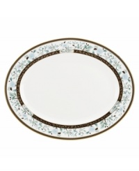 Extraordinarily detailed yet amazingly dishwasher safe, the Palatial Garden oval platter from Marchesa by Lenox combines teal blossoms, intricate gold vines and velvety brown accents in gold-banded bone china for unparalleled elegance. Extraordinarily detailed yet amazingly dishwasher safe, the Palatial Garden oval platter from Marchesa by Lenox combines teal blossoms, intricate gold vines and velvety brown accents in gold-banded bone china for unparalleled elegance.