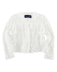 A lightweight layer with heritage charm, a soft cardigan is rendered in a sweet pointelle knit and trimmed with waves of ruffles. A lightweight layer with heritage charm, a soft cardigan is rendered in a sweet pointelle knit and trimmed with waves of ruffles.