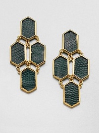 A chic style with hexagonal links accented in luxurious lizard inlays. LizardGoldtoneDrop, about 2.5Surgical post backMade in USA A chic style with hexagonal links accented in luxurious lizard inlays. LizardGoldtoneDrop, about 2.5Surgical post backMade in USA