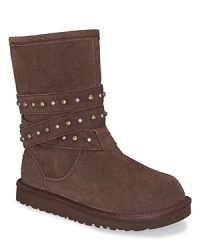 Go glam with this sturdy suede boot, wrapped in a gold and silver studded suede strap, with inside zipper for an easier on/off. Go glam with this sturdy suede boot, wrapped in a gold and silver studded suede strap, with inside zipper for an easier on/off.