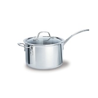 This Tri-Ply Calphalon sauce pan features an updated lid design to give lower profile and a cool V stainless steel handle. Classic vessel design, induction capable magnetic stainless steel exterior. This Tri-Ply Calphalon sauce pan features an updated lid design to give lower profile and a cool V stainless steel handle. Classic vessel design, induction capable magnetic stainless steel exterior.