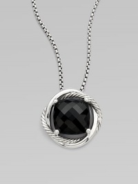From the Infinity Collection. An elegant style with a faceted, center stone of rich, black onyx set in sleek sterling silver on a box link chain. Black onyxSterling silverLength, about 18Pendant size, about ½Lobster clasp closureImported From the Infinity Collection. An elegant style with a faceted, center stone of rich, black onyx set in sleek sterling silver on a box link chain. Black onyxSterling silverLength, about 18Pendant size, about ½Lobster clasp closureImported