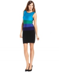 Calvin Klein makes a colorblocked dress even more eye-catching with a fully pleated look that highlights the hues even more. Calvin Klein makes a colorblocked dress even more eye-catching with a fully pleated look that highlights the hues even more.