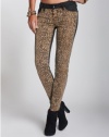 GUESS Women's Brittney Mid-Rise Leopard-Blocked Denim Leggings