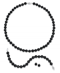Go bold. Black onyx beads (260 ct. t.w.) decorate this stand-out jewelry set. Includes a necklace, bracelet and pair of stud earrings. Set in sterling silver. Approximate length (necklace): 18 inches. Approximate length (bracelet); 7-1/2 inches. Approximate diameter (earrings): 1/4 inch. Go bold. Black onyx beads (260 ct. t.w.) decorate this stand-out jewelry set. Includes a necklace, bracelet and pair of stud earrings. Set in sterling silver. Approximate length (necklace): 18 inches. Approximate length (bracelet); 7-1/2 inches. Approximate diameter (earrings): 1/4 inch.