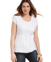 A drawstring waist shows off the flattering shape of Fever's charming crocheted sweater. Chic short sleeves give it an appeal that spans the seasons. A drawstring waist shows off the flattering shape of Fever's charming crocheted sweater. Chic short sleeves give it an appeal that spans the seasons.