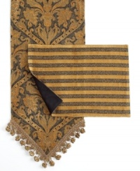 Mozart table linen collection is ideal for those who want refinement in a snap. Table runners feature an elegant Jacquard pattern complete with tassel fringe and harmonizes beautifully with the coordinating placemats. A great way to elevate your dining table to new stylish heights. From Sherry Kline Home. Mozart table linen collection is ideal for those who want refinement in a snap. Table runners feature an elegant Jacquard pattern complete with tassel fringe and harmonizes beautifully with the coordinating placemats. A great way to elevate your dining table to new stylish heights. From Sherry Kline Home.