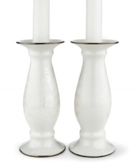 A delicate monochromatic vine motif, gentle curves and platinum trim are sure to infuse your décor with a gentle, elegant glow. Candles not included. Measures 6-1/8. A delicate monochromatic vine motif, gentle curves and platinum trim are sure to infuse your décor with a gentle, elegant glow. Candles not included. Measures 6-1/8.