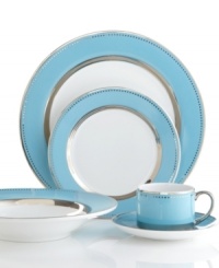 Get away from ordinary dining with dreamy Lauderdale dinnerware from Cru's collection of place settings. Shimmering platinum dots and bands contrast swaths of sea blue in fuss-free, dishwasher-safe porcelain inspired by a favorite Floridian retreat.